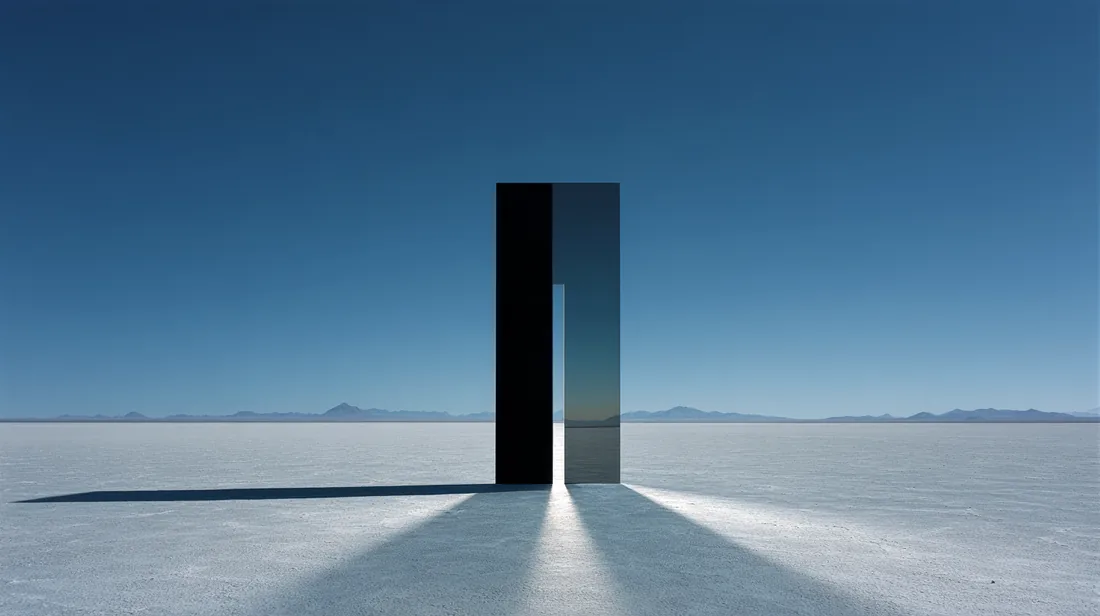 A black glass monolith on a pale salt flat, one slit of white light splitting it, a thin spectrum on the ground